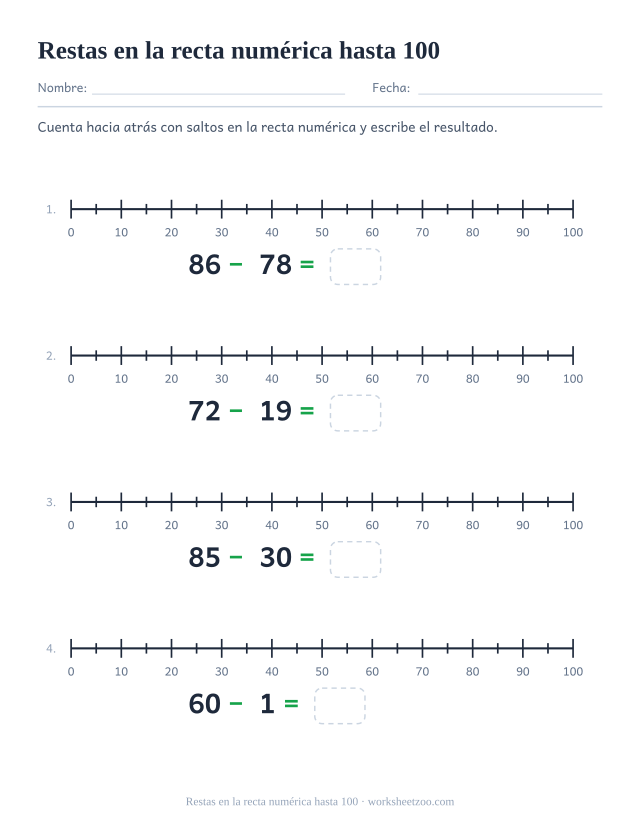 Ficha de restas en la recta numérica hasta 100 con marcas cada cinco