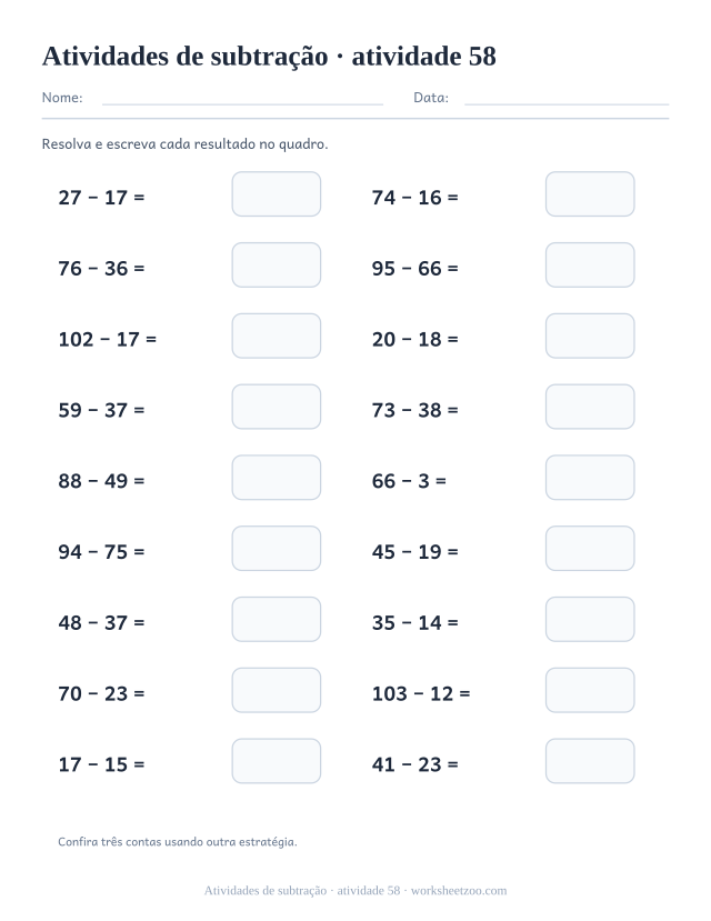 Prévia de Atividades de subtração, atividade 58 para imprimir