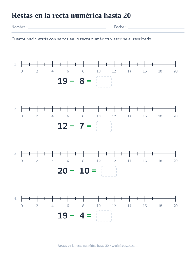 Ficha de restas en la recta numérica hasta 20 con saltos hacia atrás