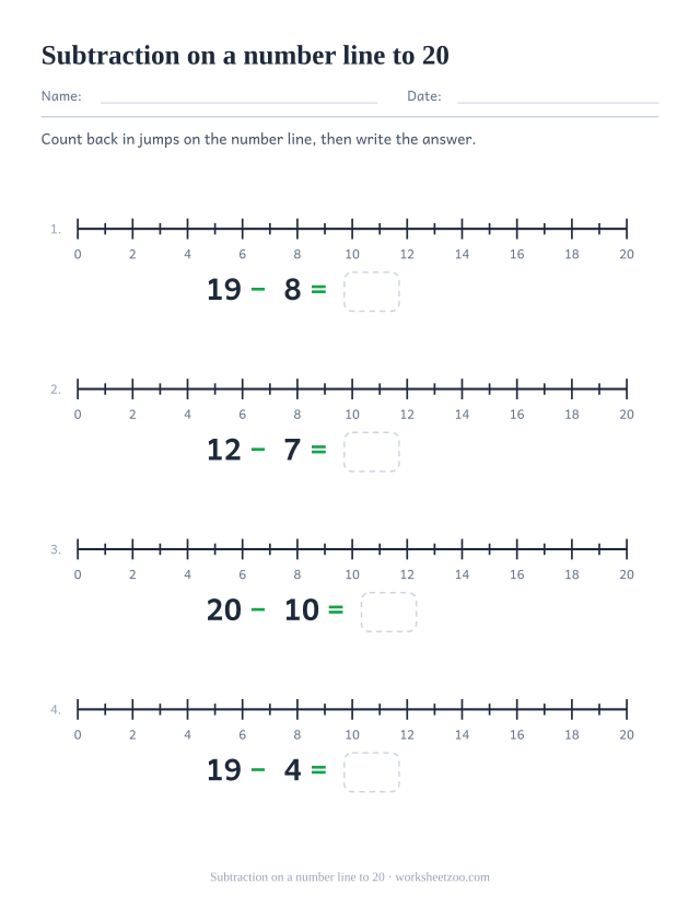 Number line subtraction worksheet to 20 with jumps counted backwards