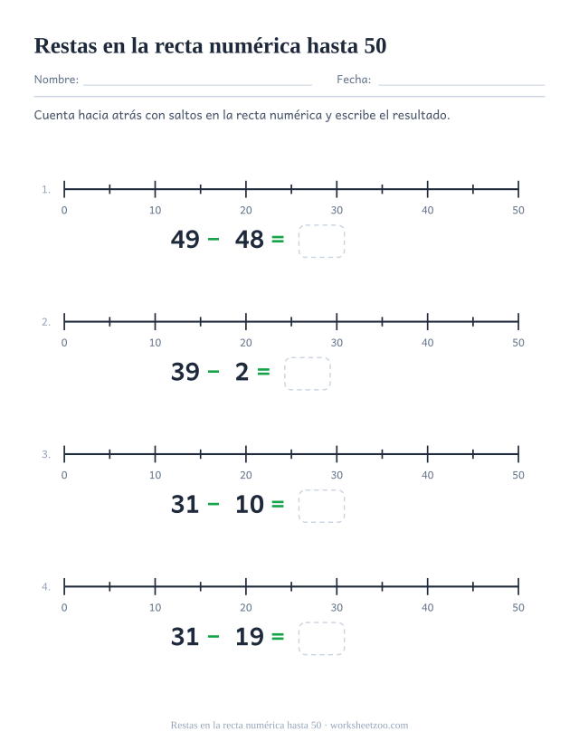 Ficha de restas en la recta numérica hasta 50 con marcas cada cinco y etiquetas cada diez