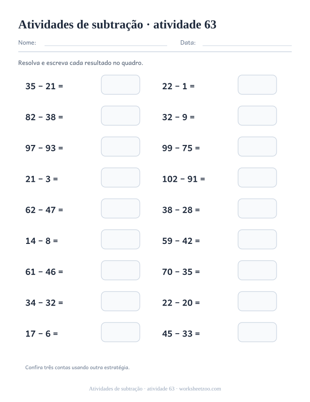 Prévia de Atividades de subtração, atividade 63 para imprimir
