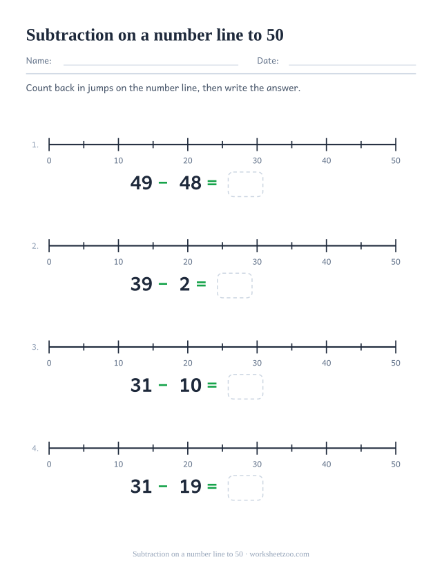 Number line subtraction worksheet to 50 with ticks every five and labels every ten