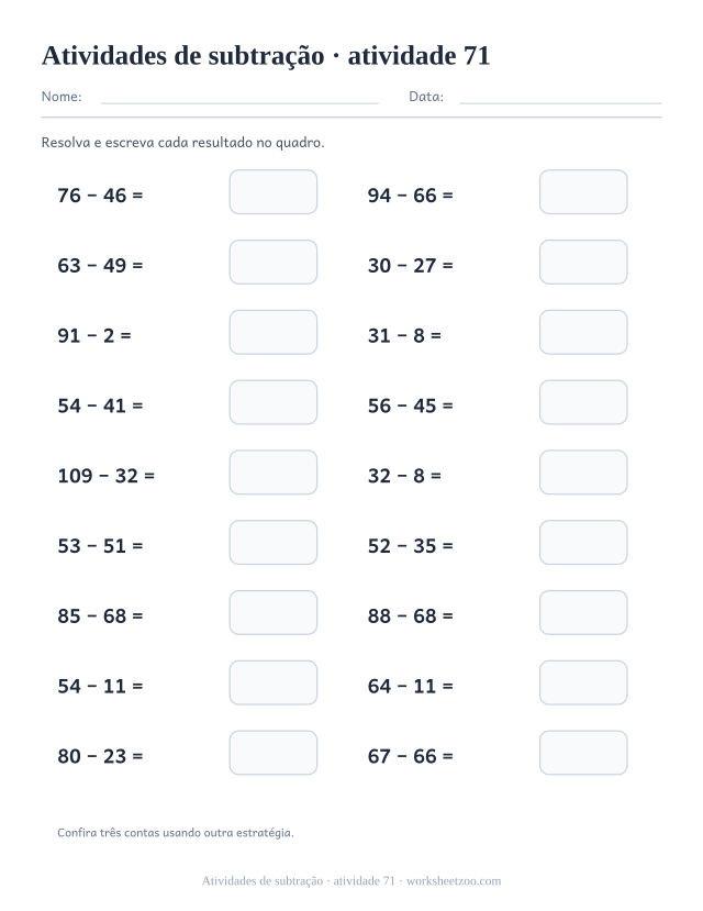 Prévia de Atividades de subtração, atividade 71 para imprimir