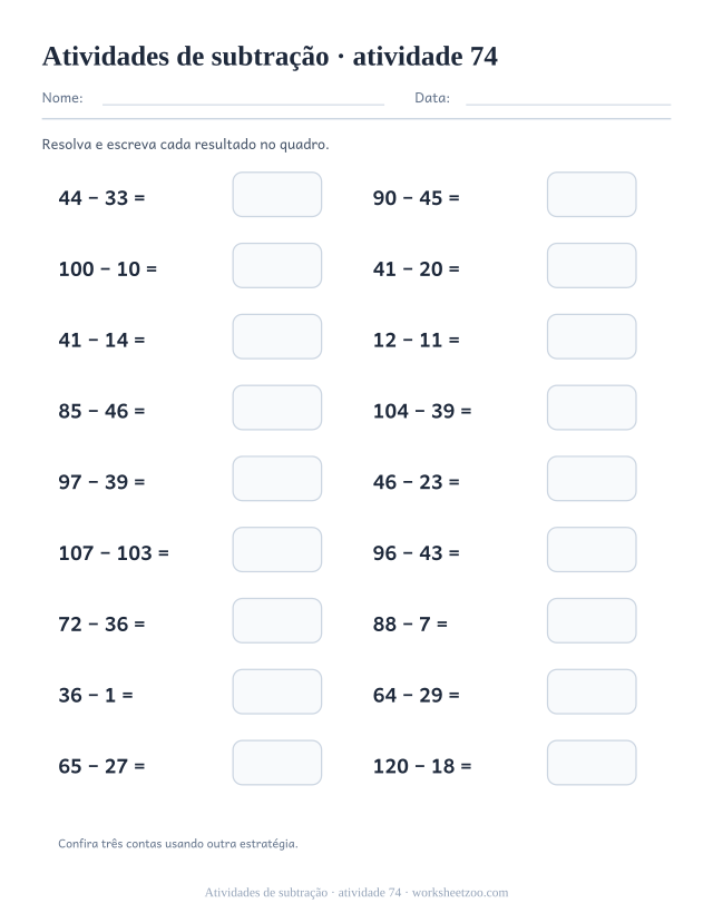 Prévia de Atividades de subtração, atividade 74 para imprimir