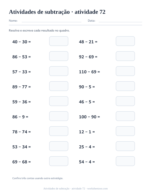 Prévia de Atividades de subtração, atividade 72 para imprimir