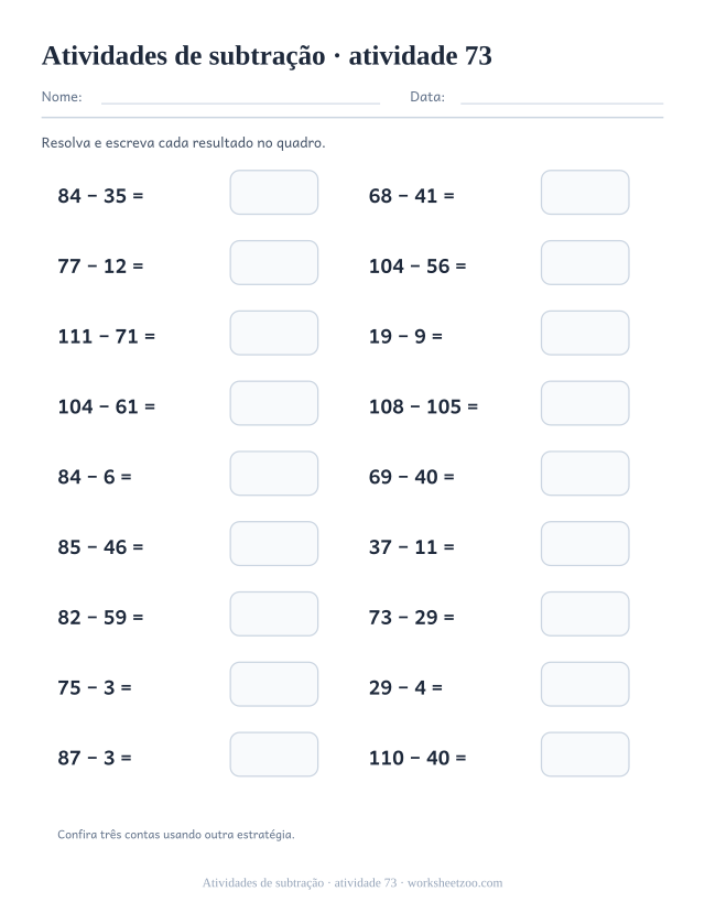 Prévia de Atividades de subtração, atividade 73 para imprimir