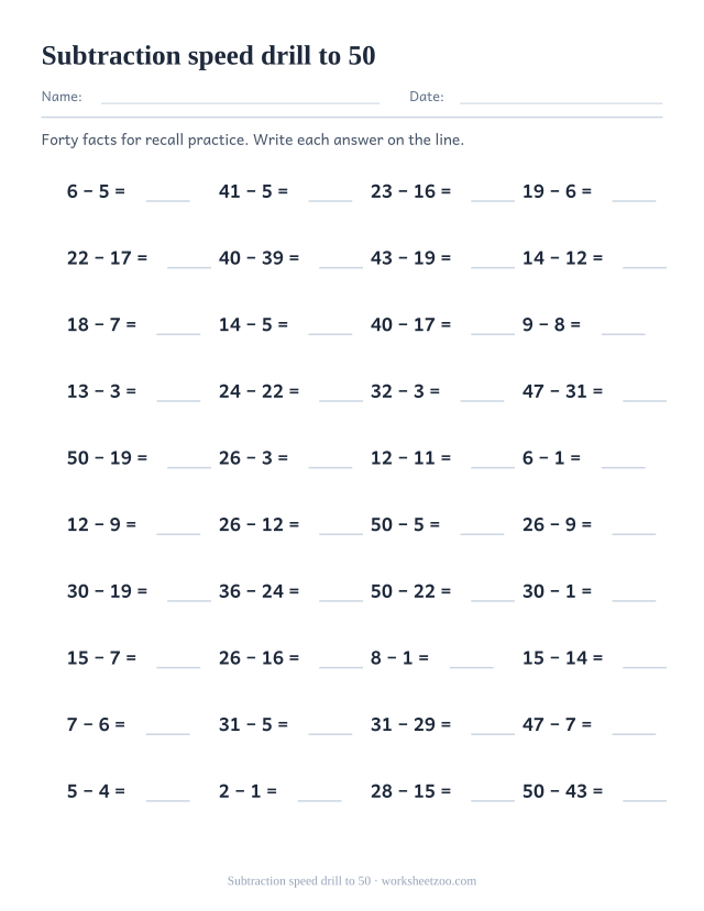 Timed subtraction drill worksheet with 40 two-digit differences up to 50