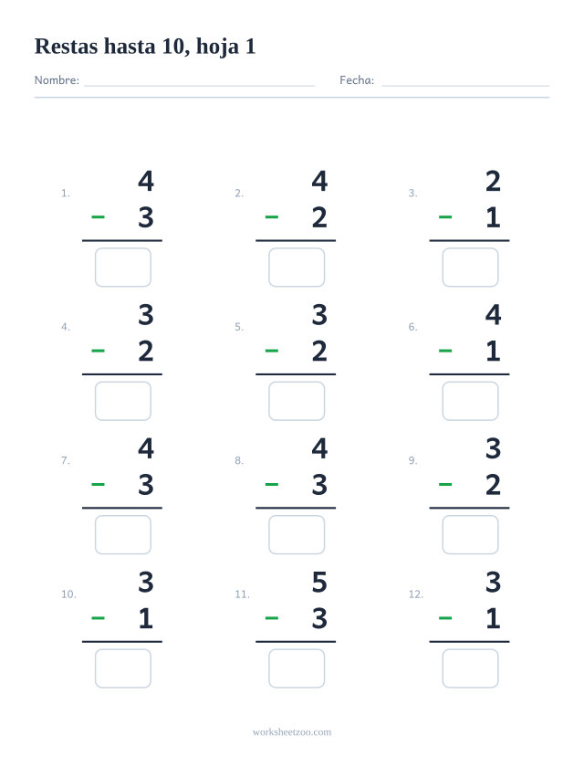 Ficha de Restas con 12 operaciones hasta 10 con números pequeños, hoja 1