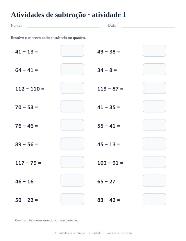 Prévia de Atividades de subtração, atividade 1 para imprimir