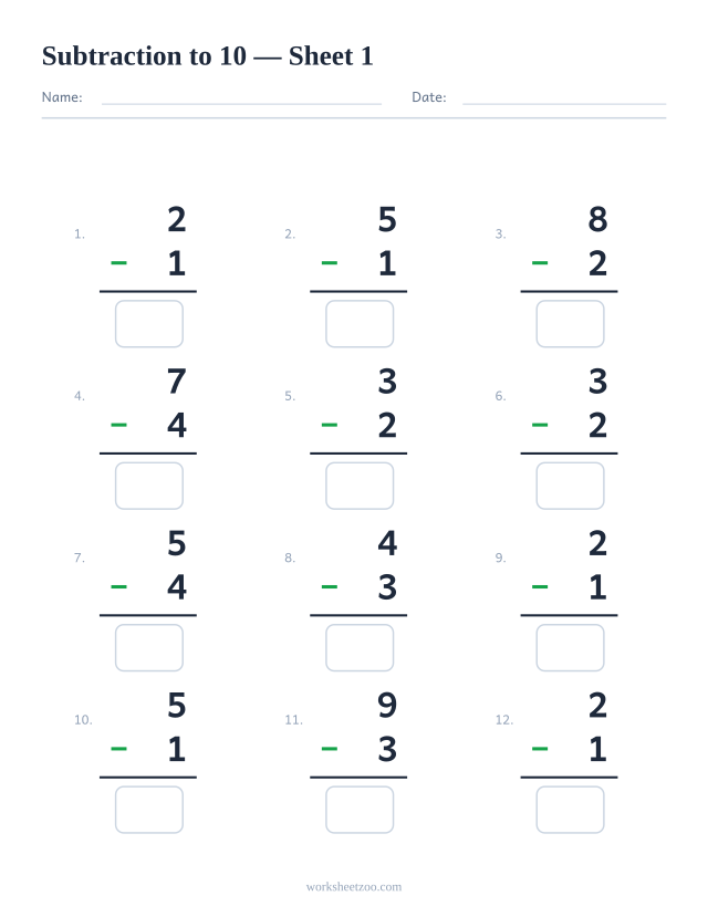 Subtraction worksheet with 12 problems up to 10, sheet 1