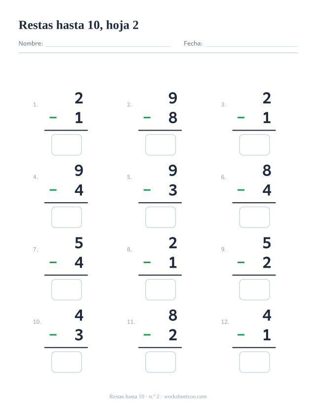 Ficha de Restas con 12 operaciones hasta 10 con números variados, hoja 2