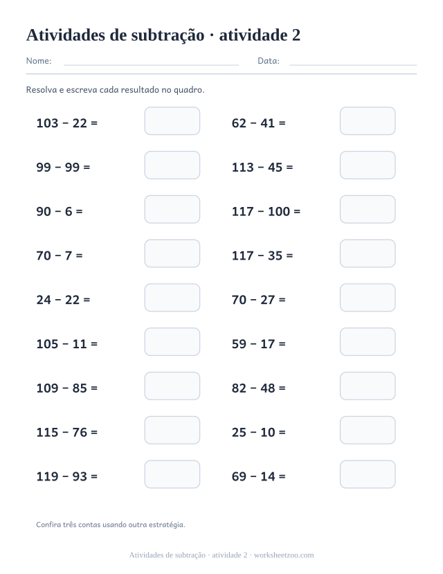 Prévia de Atividades de subtração, atividade 2 para imprimir