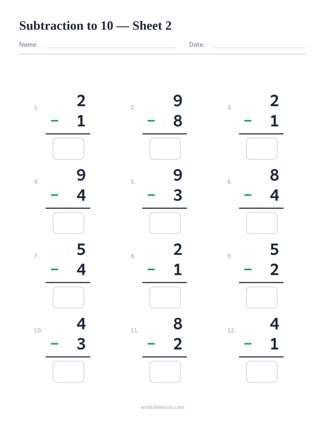 Subtraction worksheet with 12 problems up to 10, sheet 2