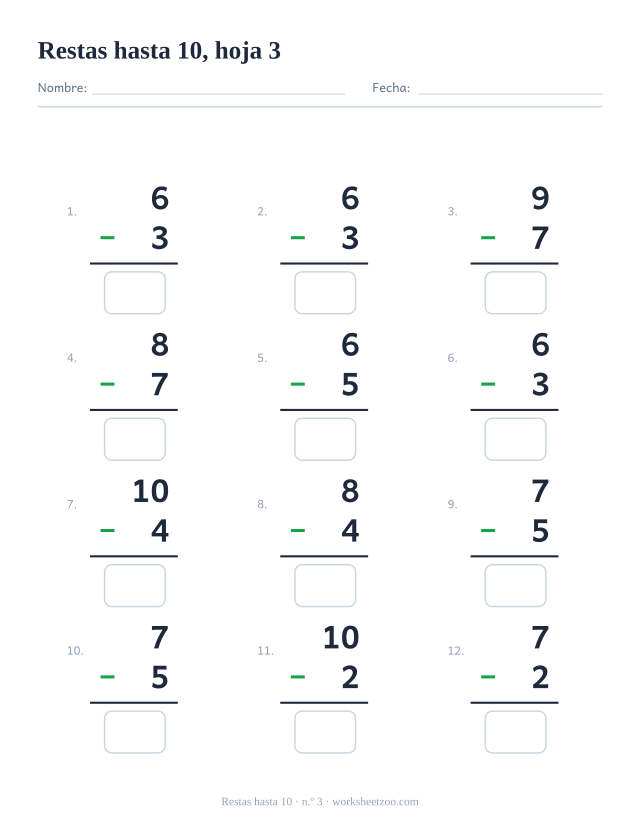 Ficha de Restas con 12 operaciones hasta 10 con un número más grande, hoja 3