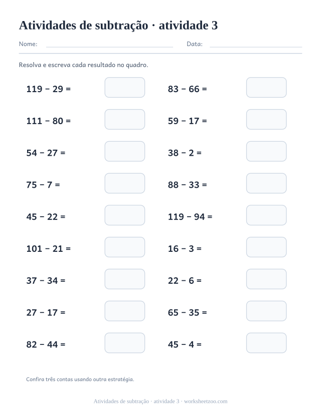 Prévia de Atividades de subtração, atividade 3 para imprimir