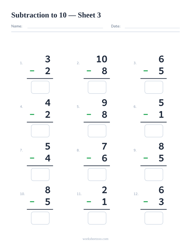 Subtraction worksheet with 12 problems up to 10, sheet 3