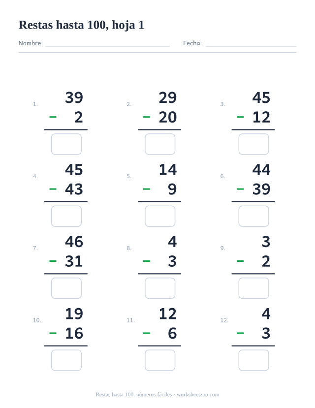 Ficha de restas en vertical con 12 operaciones hasta 100 que parten de números pequeños, con casillas de respuesta
