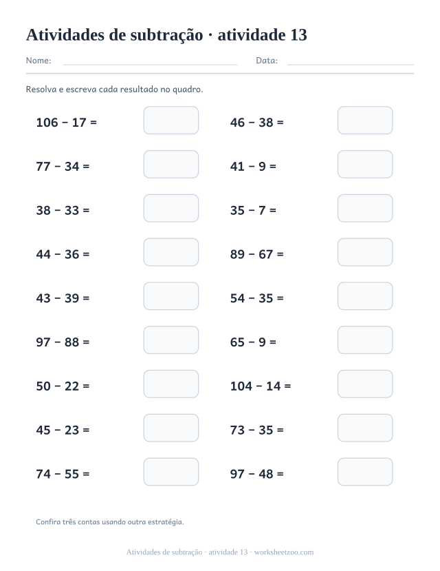 Prévia de Atividades de subtração, atividade 13 para imprimir