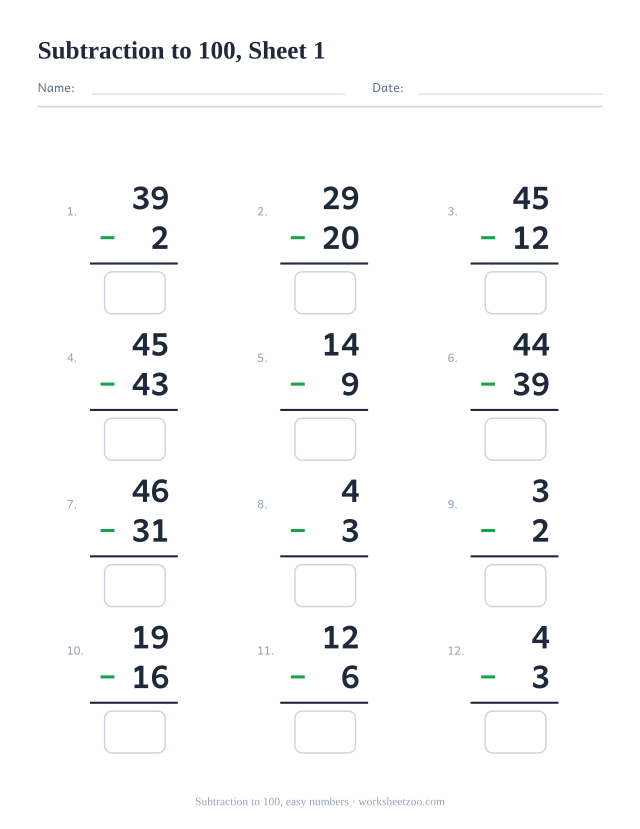 Vertical subtraction worksheet with 12 problems within 100 starting from small numbers, with answer boxes