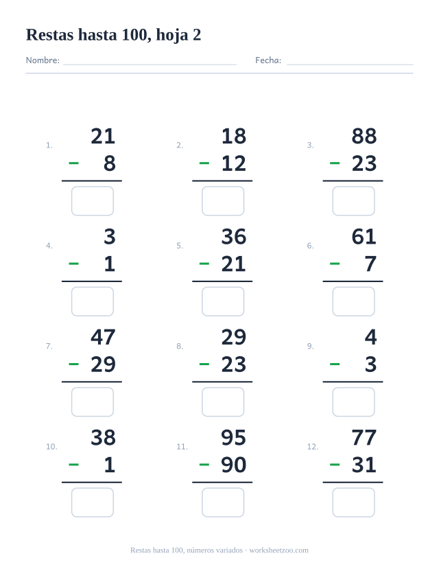 Ficha de restas en vertical con 12 operaciones hasta 100 con números variados, con casillas de respuesta