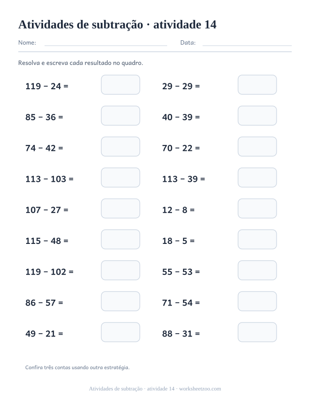 Prévia de Atividades de subtração, atividade 14 para imprimir