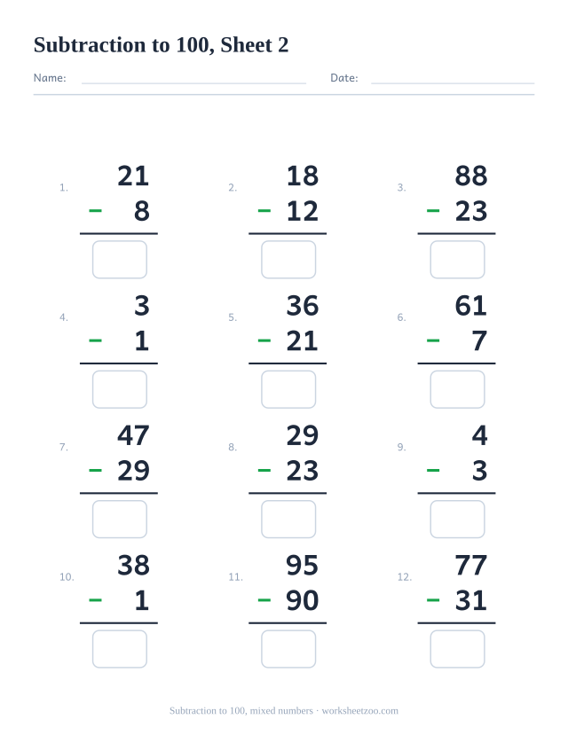 Vertical subtraction worksheet with 12 problems within 100 with a mix of numbers, with answer boxes