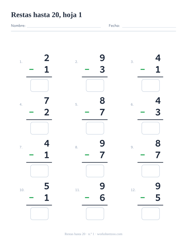 Ficha de Restas con 12 operaciones hasta 20 con números pequeños, hoja 1