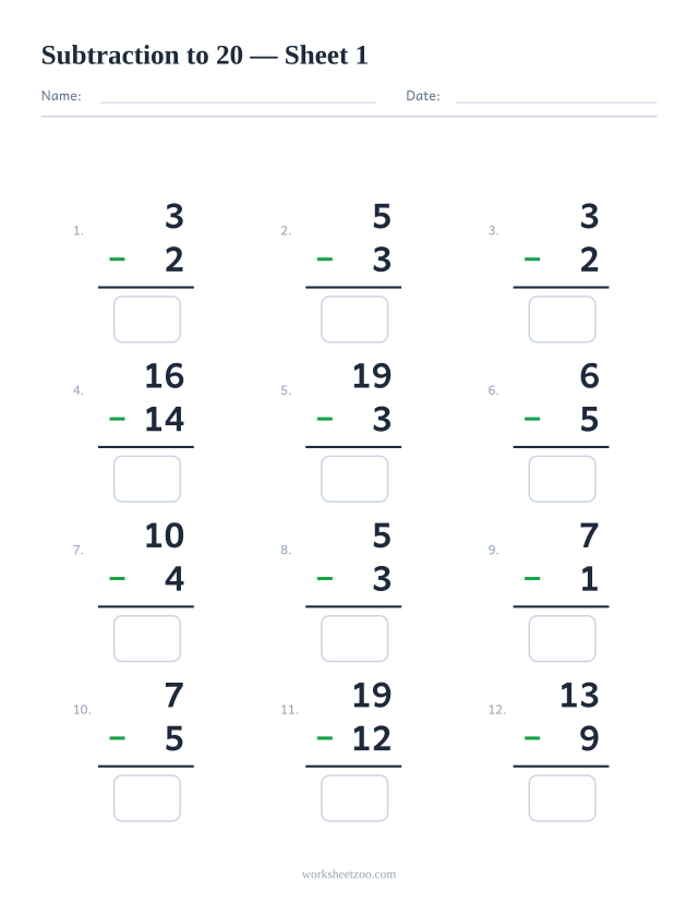 Subtraction worksheet with 12 problems up to 20, sheet 1