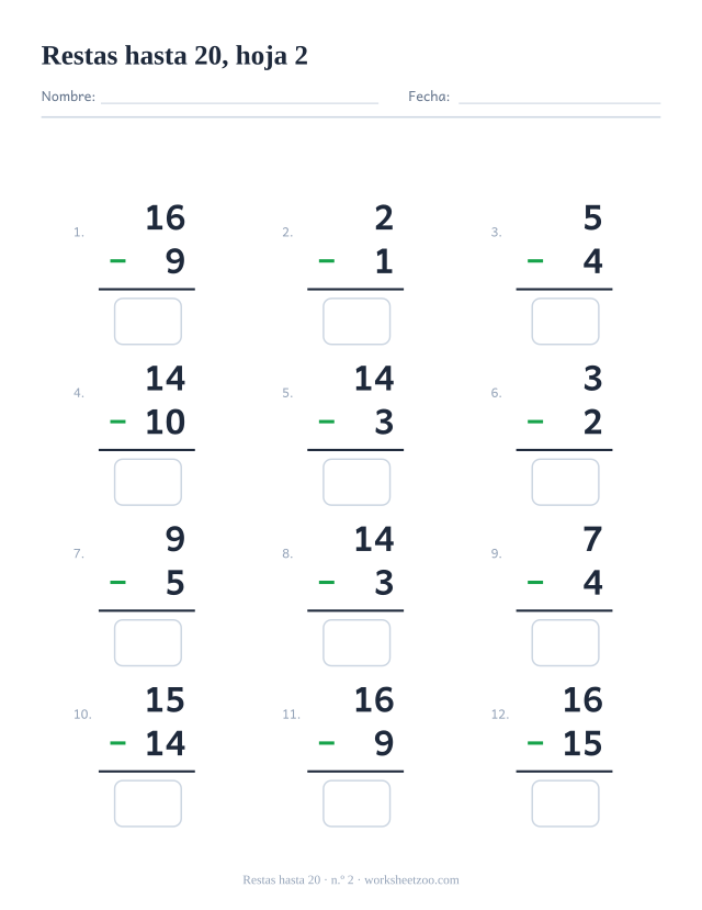 Ficha de Restas con 12 operaciones hasta 20 con números variados, hoja 2