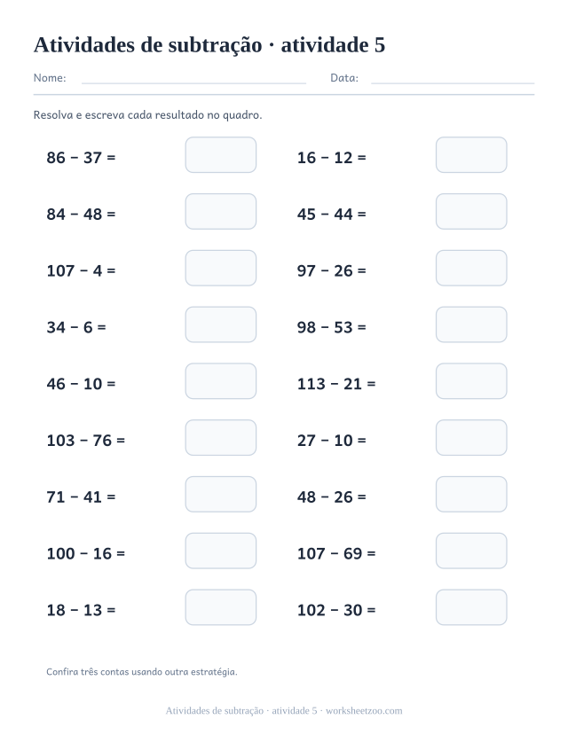 Prévia de Atividades de subtração, atividade 5 para imprimir