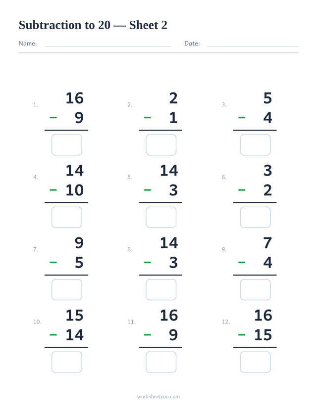 Subtraction worksheet with 12 problems up to 20, sheet 2