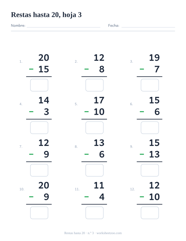 Ficha de Restas con 12 operaciones hasta 20 con un número más grande, hoja 3