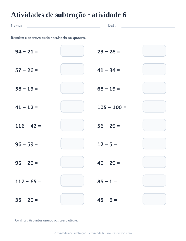 Prévia de Atividades de subtração, atividade 6 para imprimir
