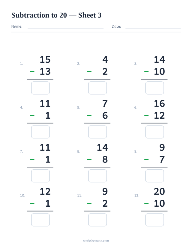 Subtraction worksheet with 12 problems up to 20, sheet 3
