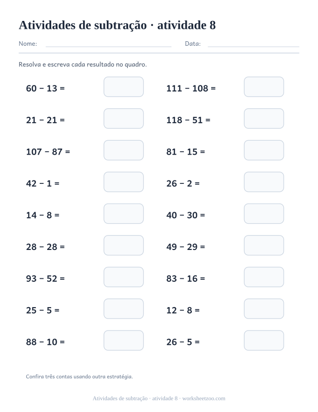 Prévia de Atividades de subtração, atividade 8 para imprimir