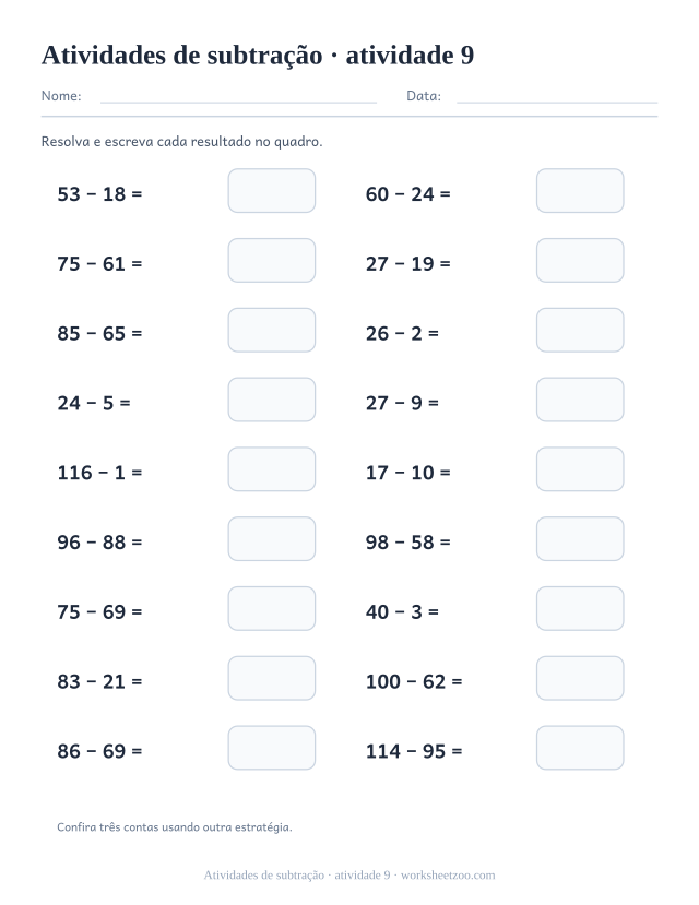 Prévia de Atividades de subtração, atividade 9 para imprimir