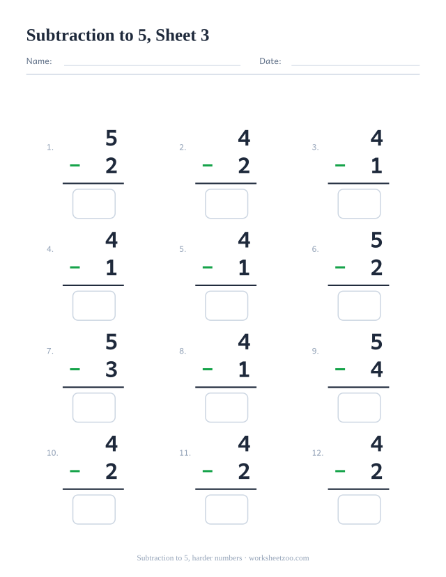Vertical subtraction worksheet with 12 problems within 5 starting from a larger number, with answer boxes