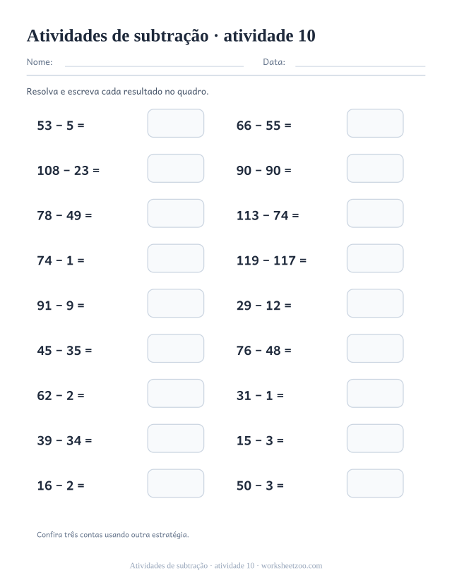 Prévia de Atividades de subtração, atividade 10 para imprimir