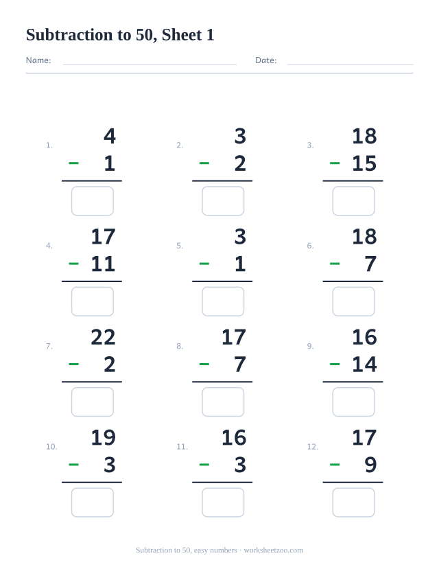 Vertical subtraction worksheet with 12 problems within 50 starting from small numbers, with answer boxes