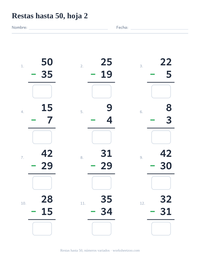 Ficha de restas en vertical con 12 operaciones hasta 50 con números variados, con casillas de respuesta