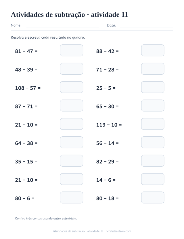 Prévia de Atividades de subtração, atividade 11 para imprimir