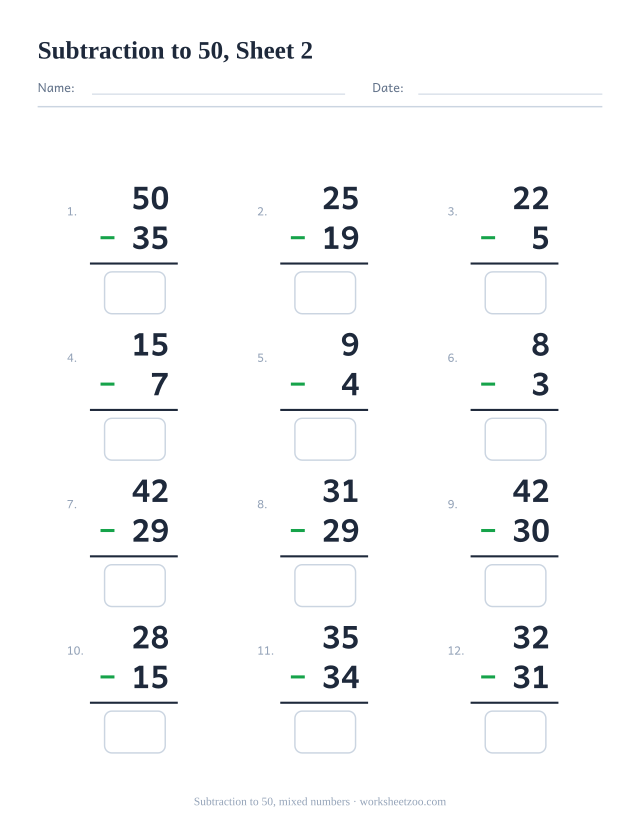 Vertical subtraction worksheet with 12 problems within 50 with a mix of numbers, with answer boxes