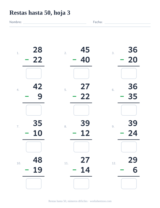 Ficha de restas en vertical con 12 operaciones hasta 50 que empiezan por un número más grande, con casillas de respuesta