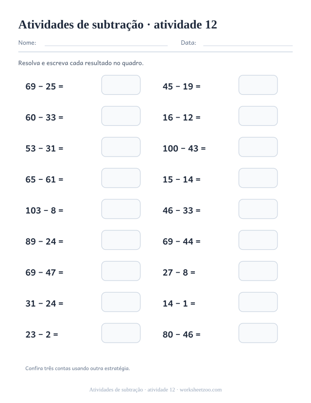 Prévia de Atividades de subtração, atividade 12 para imprimir