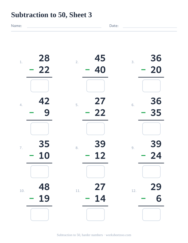 Vertical subtraction worksheet with 12 problems within 50 starting from a larger number, with answer boxes