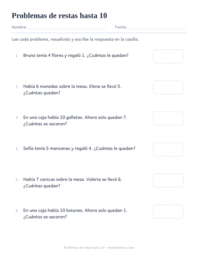 Ficha de problemas de restas hasta 10 con seis historias de quitar y casillas de respuesta
