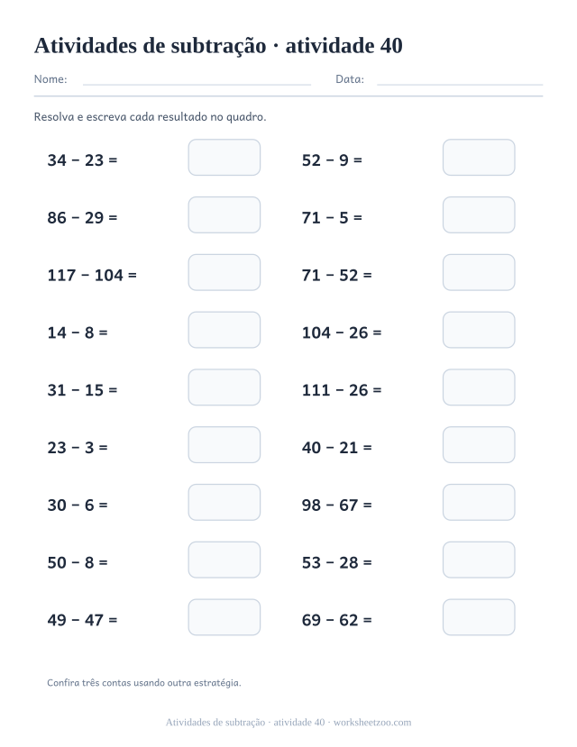 Prévia de Atividades de subtração, atividade 40 para imprimir