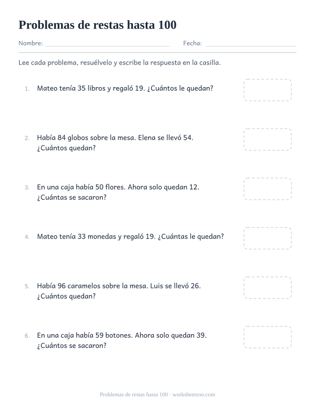 Ficha de problemas de restas hasta 100 para segundo de primaria