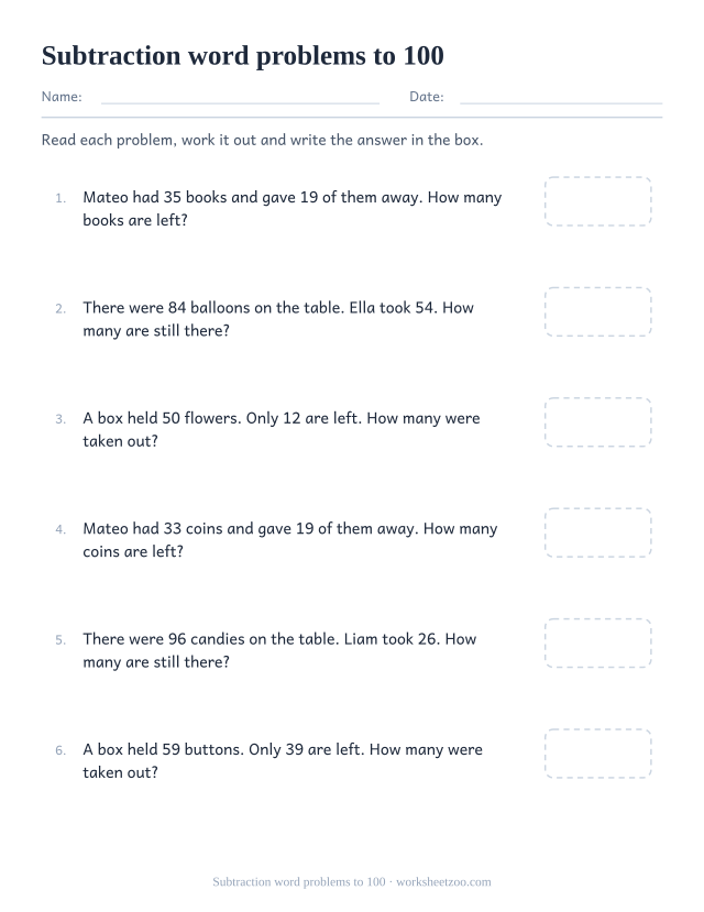 Subtraction word problems worksheet with differences within 100 for second grade